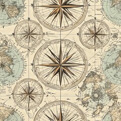 Fototapeta premium Seamless pattern of retro land maps with decorative compass roses