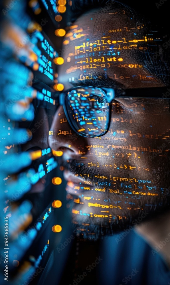 Canvas Prints A programmer's face reflected in a screen of code. AI.