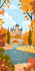 Autumn Landscape Illustration with a Castle in the Background