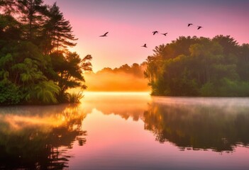 vibrant sunrise reflected tranquil lake surrounded lush nature colorful skies, reflection, colors, sky, water, landscape, beauty, serenity, calm, scenery