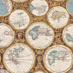 Seamless pattern of vintage atlases with detailed continents and decorative frames