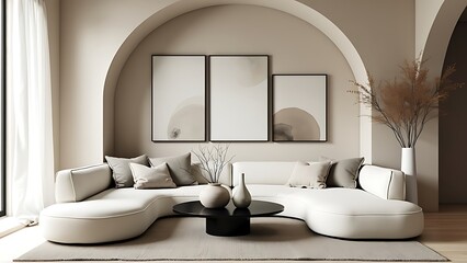 A serene and stylish living room featuring a modern white sectional sofa, elegant decor, and natural lighting, creating a warm and inviting atmosphere ideal for relaxation.