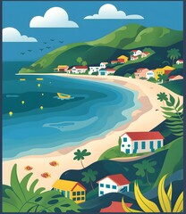Fototapeta premium Tropical Coastal Village Illustration