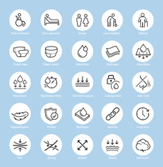 Set icons for elderly health care, diaper tape and pants. The outline icons are well scalable and editable. Contrasting vector elements are good for different backgrounds. EPS10.