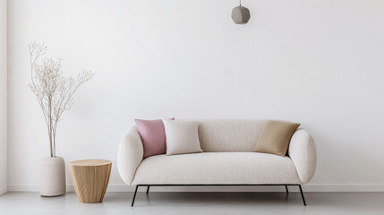 Minimalist living room interiors with a sofa, a rug and elegant decor next to a large window. Residential Real Estate interior design in soft tones.