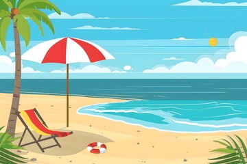 Fototapeta premium Summer Beach Vacation with Palm Tree and Umbrella