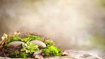 Green Succulents and Stones on a Rustic Background