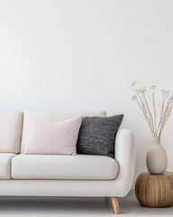 Minimalist living room interiors with a sofa, a rug and elegant decor next to a large window. Residential Real Estate interior design in soft tones.