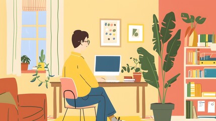 Man Working at Home with Computer and Plants
