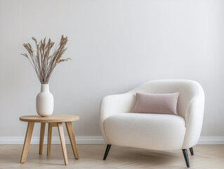 Minimalist living room interiors with a sofa, a rug and elegant decor next to a large window. Residential Real Estate interior design in soft tones.