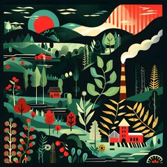 Sunset Landscape Illustration with Abstract Trees and Buildings