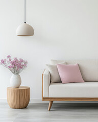 Minimalist living room interiors with a sofa, a rug and elegant decor next to a large window. Residential Real Estate interior design in soft tones.