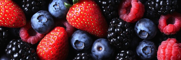 Fototapeta premium Vibrant Mix of Fresh Berries: Strawberries, Blueberries, Raspberries, and Blackberries. Background