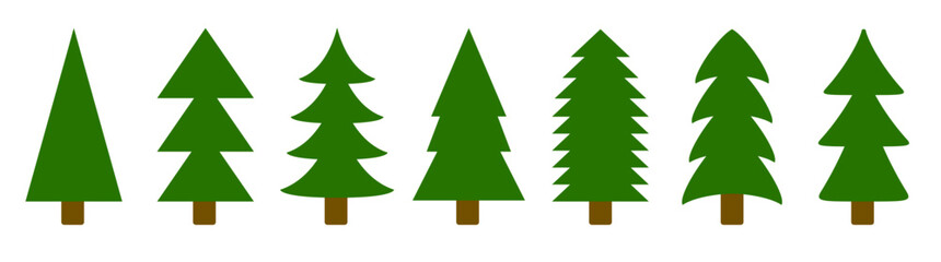 Christmas tree set line. Green fir tree collection. Pine trees. Greeting card, banner, web, sticker print template. Different shape. New Year winter sign symbol. Flat design. White background. Vector
