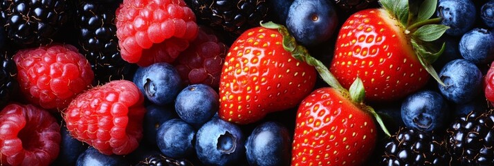 Fototapeta premium Vibrant Mix of Fresh Berries: Strawberries, Blueberries, Raspberries, and Blackberries. Background