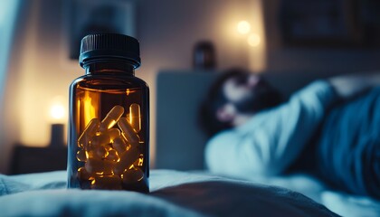 Close up of sleeping pill bottle with a man resting in bed at night in the background
