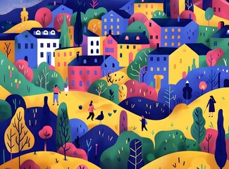 Colorful Illustration of a Town with Buildings and People Walking