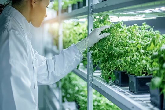 Indoor hydroponic farm with herbs and leafy greens growing under controlled conditions. Technician adjusting environmental settings, Generative AI