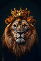 Naklejka premium An elegant lion with a crown with a dramatic background