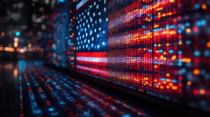 Obraz premium Nighttime screensaver of the American flag on a smart TV in an urban environment