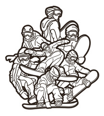 Group of  Snowboard Players Snowboarder Mix Action Cartoon Sport Graphic Vector