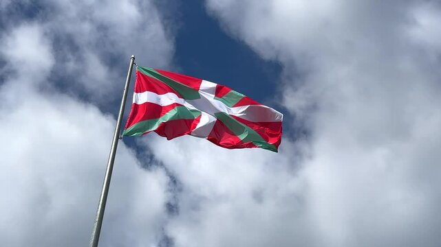 Basque Country flag waving over blue sky. Flag of the Basques, region of Spain. Pais Vasco