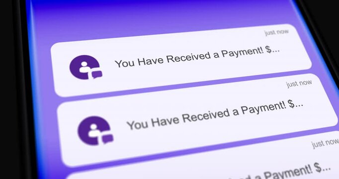 You Have Received Payment to bank account, scrolling list of incoming sms notifications on smartphone screen, money deposit message, close-up, footage