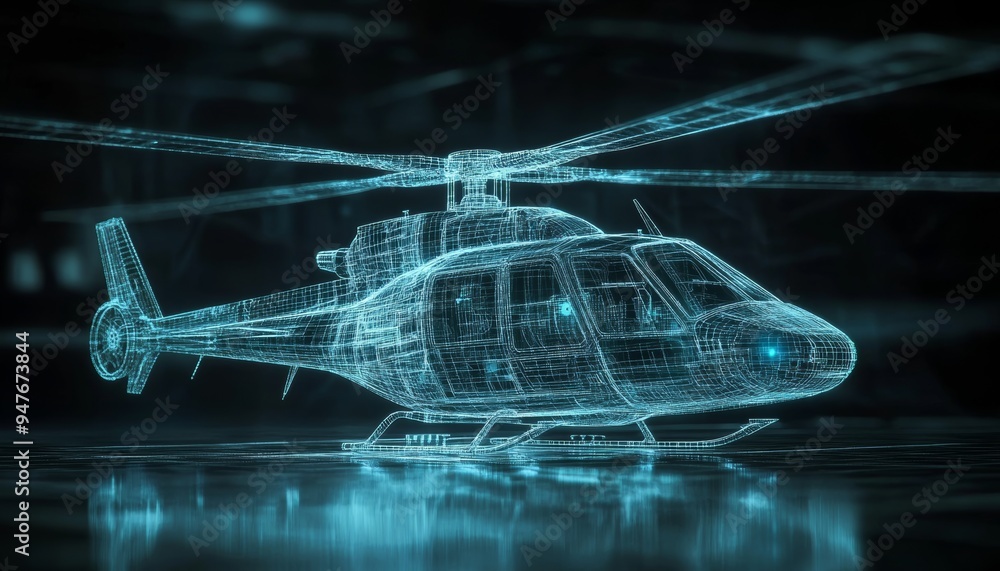 Poster dynamic wireframe hologram of a helicopter in motion stunning 3d visualization