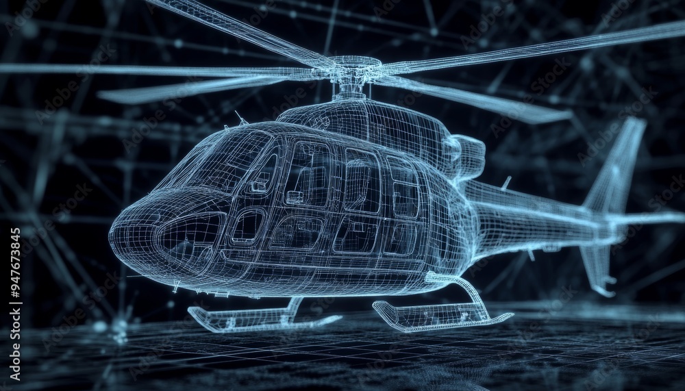 Poster dynamic 3d rendering of a wireframe hologram helicopter in motion captured in photography