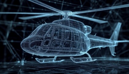Dynamic 3d rendering of a wireframe hologram helicopter in motion captured in photography