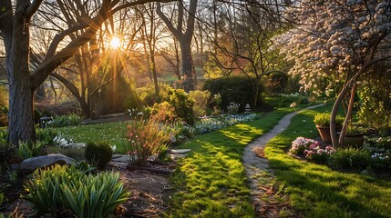 Obraz premium A lovely early spring evening in the garden full with blossoming plants