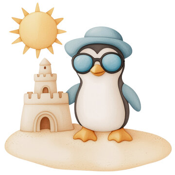recommend clip art: Watercolor penguin with sunglasses and hat building sandcastle for summer Christmas on transparent background clipart