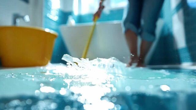 A busy man mopping the bathroom floor, efficiently handling a quick chore before his next appointment -