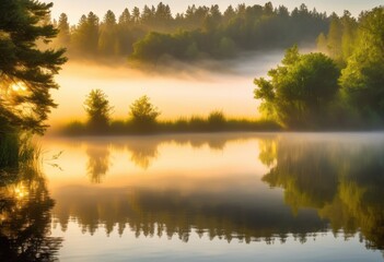 Obraz premium serene lake surrounded misty morning reflections captured tranquil atmosphere, water, calm, scenery, nature, landscape, view, peaceful, sky, clouds, trees