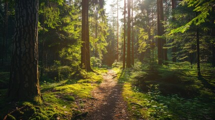 Obraz premium Path through the evergreen forest at sunset. Beautiful summer landscape.