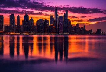 Obraz premium breathtaking sunset over city skyline dazzling lights reflecting water, aesthetic, backdrop, beauty, bright, captivating, charming, cityscape, colors, colorful