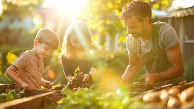 A family working on a sustainable home project, composting in their backyard, reflecting a commitment to eco-friendly living.