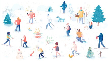 Fototapeta premium People enjoying winter activities in a snowy landscape with trees and animals during the daytime