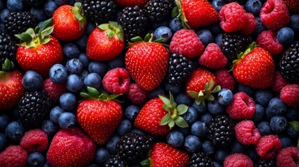 Colorful Background of Fresh Berries: Strawberries, Blueberries, Raspberries, and Blackberries