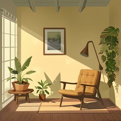Living Room Interior Illustration with Armchair, Plants, and Window