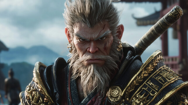 Sun Wukong in golden armor with spiky hair on dark background illustration, 3d rendering