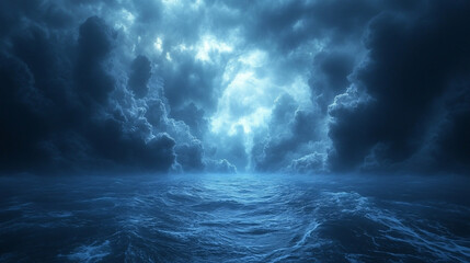 A haunting and eerie scene of a dark and stormy ocean under a black and blue sky, creating a spooky and mysterious atmosphere.