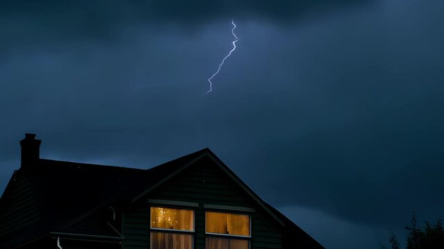 Lightening strikes over a house.