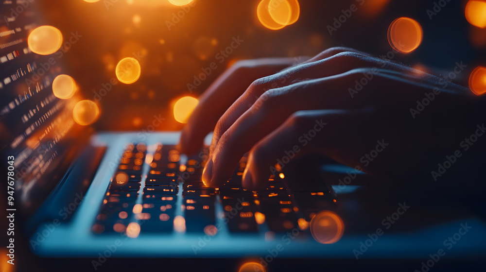Poster hands typing on illuminated computer keyboard in dark office environment