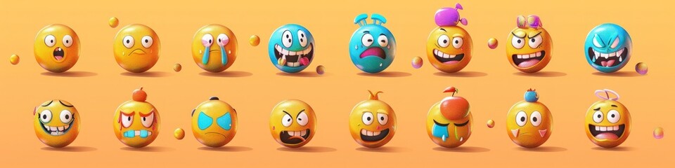 Obraz premium Design an expressive set of emoji reactions, highlighting diverse emotions in a vibrant, modern style for digital content.