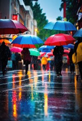 vibrant raindrops splashing colorful umbrellas motion capturing dynamic rainy scene, rainbow, lgbtq, lgbt, pride, love, equality, bright, weather, outdoor