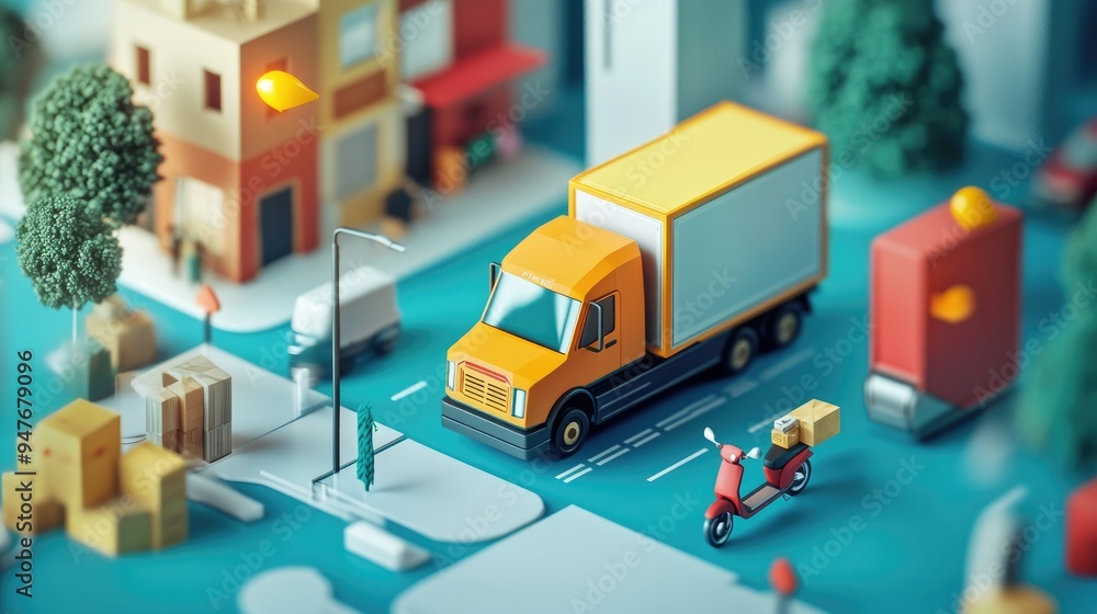 Poster dynamic 3d visualization of an e-commerce delivery service, with mobile app display showing transpor