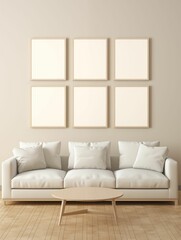 An empty wall with a blank white picture frames, a beige sofa, neutral colors, soft lighting, simple and elegant. Generative ai