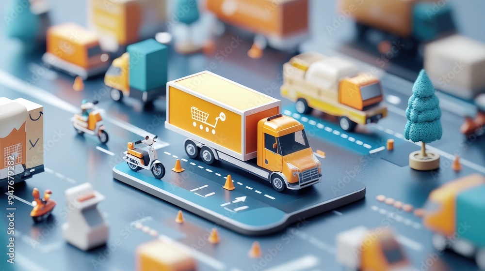 Poster e-commerce mobile app interface in 3d, displaying delivery service features with transportation opti