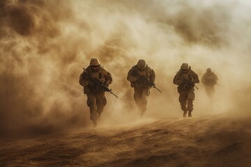 Military forces navigating through a fierce dust storm in a challenging desert landscape